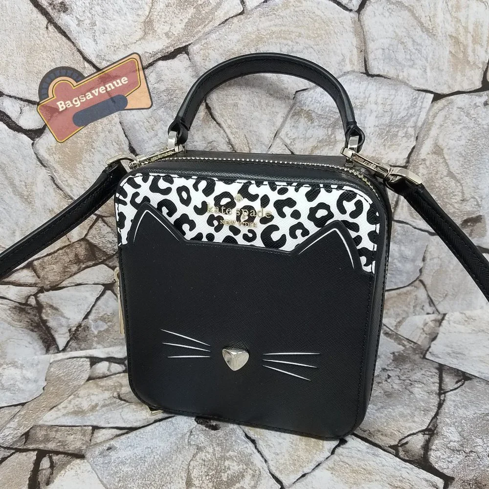 Daisy Vanity Crossbody Meow Cat Leather Bag Top Handle Purse Black Kate spade - Picture 2 of 9